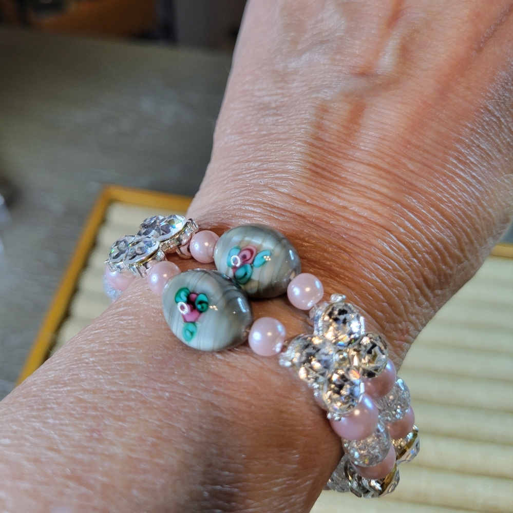 Handmade 2-Strand Grey, Pink, Silver & Crystal Beaded Bracelet 8.25" Long